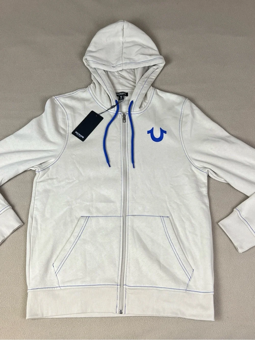 True Religion Contrast TR Full Zip Hoodie, Buddha Logo. Fog Beige. Sz Large